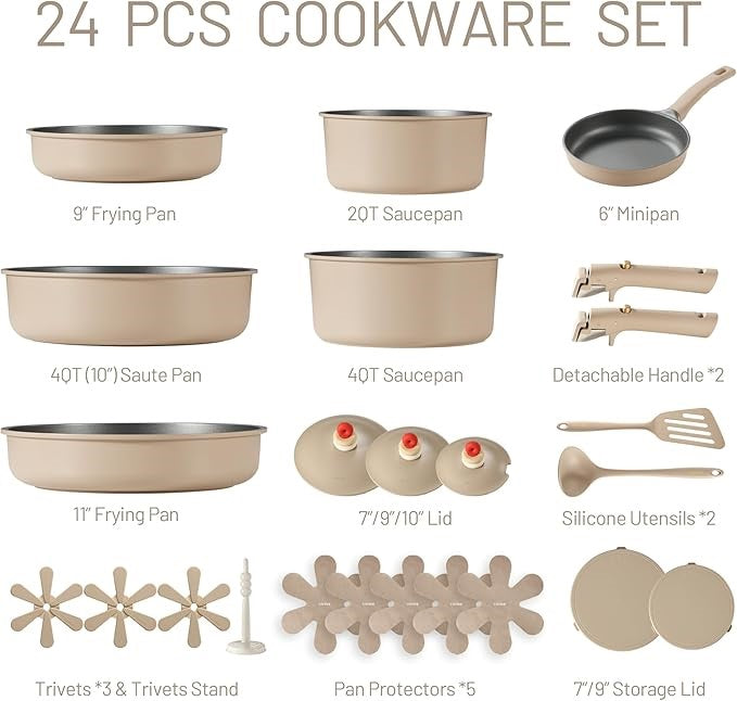 24-Piece Nonstick Cookware Set with Detachable Handles - Oven, Dishwasher & Fridge Safe Brown Pots & Pans for RV, Induction Kitchen & Gift Giving
