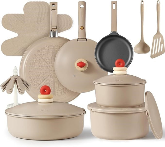 24-Piece Nonstick Cookware Set with Detachable Handles - Oven, Dishwasher & Fridge Safe Brown Pots & Pans for RV, Induction Kitchen & Gift Giving