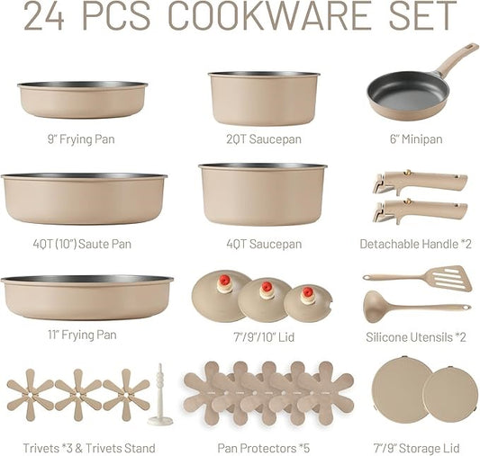 24-Piece Nonstick Cookware Set with Detachable Handles - Oven, Dishwasher & Fridge Safe Brown Pots & Pans for RV, Induction Kitchen & Gift Giving